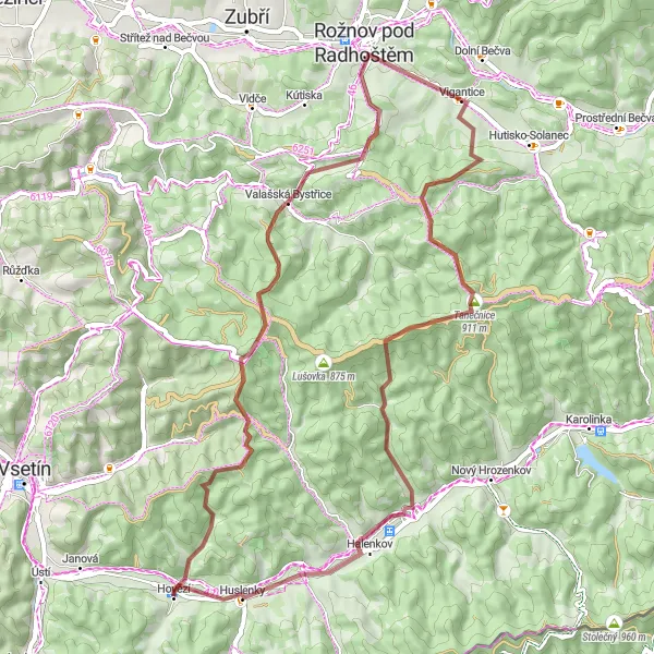 Mapa miniatúra "Gravel Runda do Huslenek" cyklistická inšpirácia v Střední Morava, Czech Republic. Vygenerované cyklistickým plánovačom trás Tarmacs.app