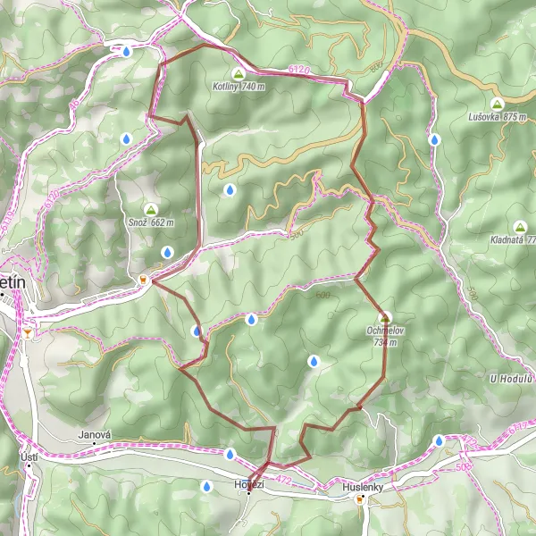 Mapa miniatúra "Gravelová cyklotrasa okolo Hovězí" cyklistická inšpirácia v Střední Morava, Czech Republic. Vygenerované cyklistickým plánovačom trás Tarmacs.app