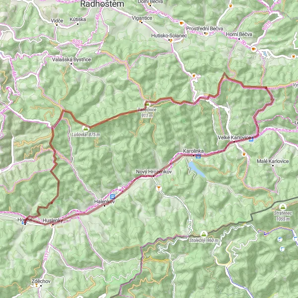 Map miniature of "Gravel Route - Adventurous Hovězí Loop" cycling inspiration in Střední Morava, Czech Republic. Generated by Tarmacs.app cycling route planner