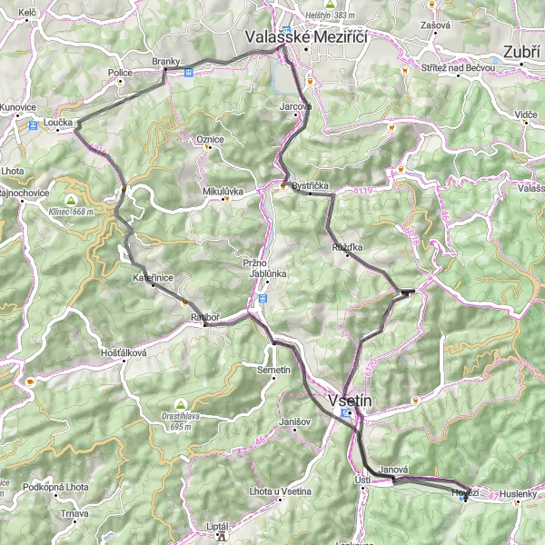 Miniaturní mapa "Road Route Hovězí - Horní Jasenka" inspirace pro cyklisty v oblasti Střední Morava, Czech Republic. Vytvořeno pomocí plánovače tras Tarmacs.app