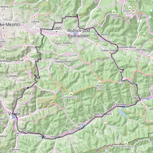 Map miniature of "Road Route - Scenic Hovězí Loop" cycling inspiration in Střední Morava, Czech Republic. Generated by Tarmacs.app cycling route planner