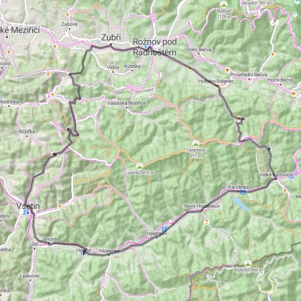 Miniaturní mapa "Okruh Hovězí - Huslenky" inspirace pro cyklisty v oblasti Střední Morava, Czech Republic. Vytvořeno pomocí plánovače tras Tarmacs.app