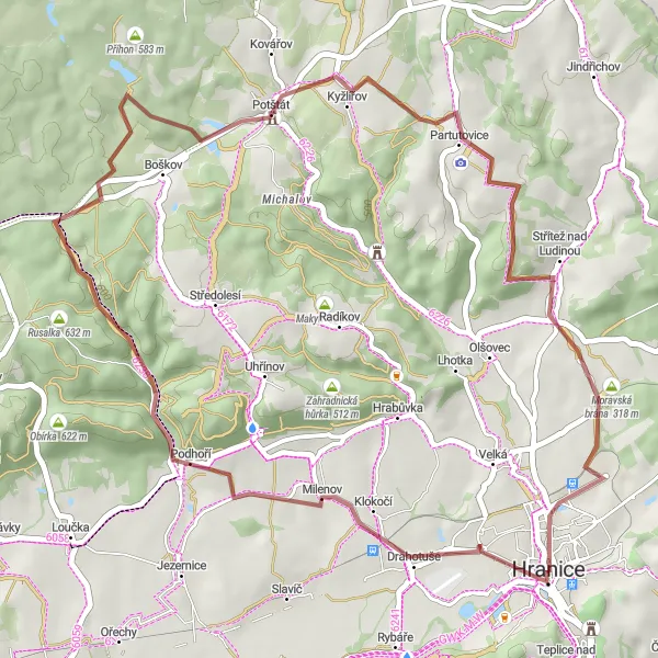 Map miniature of "Scenic Gravel Ride to Potštát" cycling inspiration in Střední Morava, Czech Republic. Generated by Tarmacs.app cycling route planner
