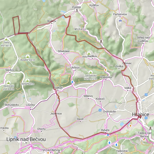 Miniaturní mapa "Gravel Roketa z Hranic" inspirace pro cyklisty v oblasti Střední Morava, Czech Republic. Vytvořeno pomocí plánovače tras Tarmacs.app