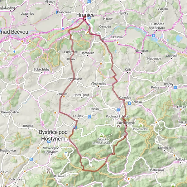 Map miniature of "Gravel Adventure to Kunovická Hůrka" cycling inspiration in Střední Morava, Czech Republic. Generated by Tarmacs.app cycling route planner