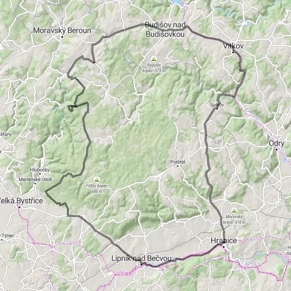 Mapa miniatúra "Cyklotrasa okolo Hraníc a Lipníka nad Bečvou" cyklistická inšpirácia v Střední Morava, Czech Republic. Vygenerované cyklistickým plánovačom trás Tarmacs.app