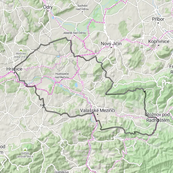 Map miniature of "Epic Road Adventure near Hranice" cycling inspiration in Střední Morava, Czech Republic. Generated by Tarmacs.app cycling route planner