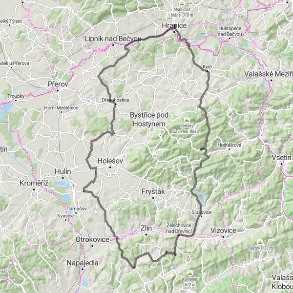 Miniaturní mapa "Road Challenge kolem Březnic" inspirace pro cyklisty v oblasti Střední Morava, Czech Republic. Vytvořeno pomocí plánovače tras Tarmacs.app