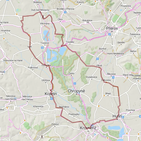 Mapa miniatúra "Gravelová trasa Bílany - Vlkoš" cyklistická inšpirácia v Střední Morava, Czech Republic. Vygenerované cyklistickým plánovačom trás Tarmacs.app