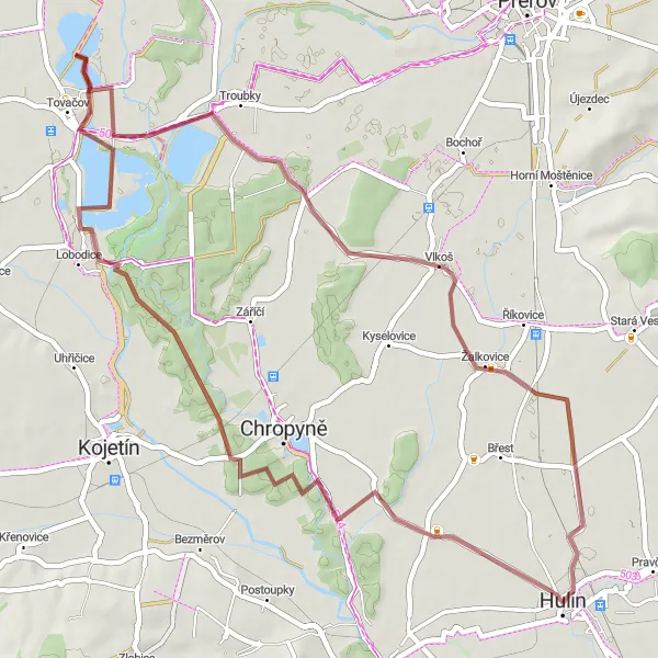 Karten-Miniaturansicht der Radinspiration "Gravel-Abenteuer um Hulín" in Střední Morava, Czech Republic. Erstellt vom Tarmacs.app-Routenplaner für Radtouren