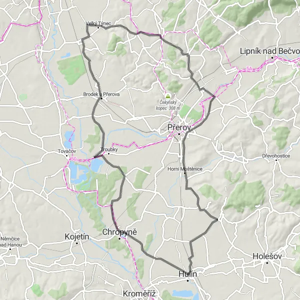 Miniaturní mapa "Okruh kolem Hulína" inspirace pro cyklisty v oblasti Střední Morava, Czech Republic. Vytvořeno pomocí plánovače tras Tarmacs.app