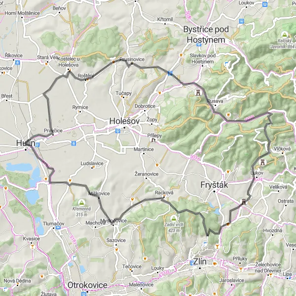 Map miniature of "Hulín-Pacetluky-Brusné-Křídlo-Kotár-Kostelec-Zadní vrch-Míškovice-Hulín round-trip" cycling inspiration in Střední Morava, Czech Republic. Generated by Tarmacs.app cycling route planner