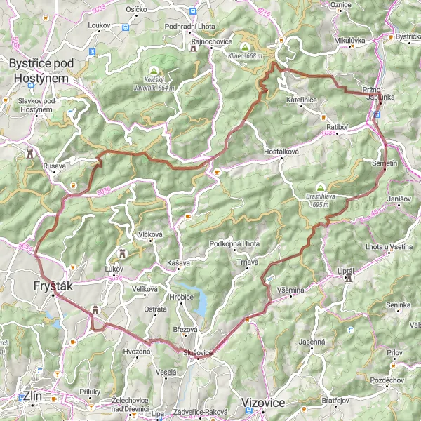 Miniaturní mapa "Ukryté perly Moravy na kole" inspirace pro cyklisty v oblasti Střední Morava, Czech Republic. Vytvořeno pomocí plánovače tras Tarmacs.app