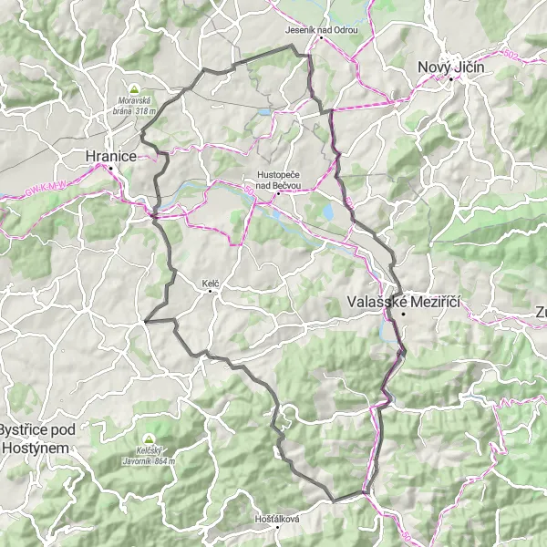 Miniaturní mapa "Krajinnými stezkami Střední Moravy" inspirace pro cyklisty v oblasti Střední Morava, Czech Republic. Vytvořeno pomocí plánovače tras Tarmacs.app