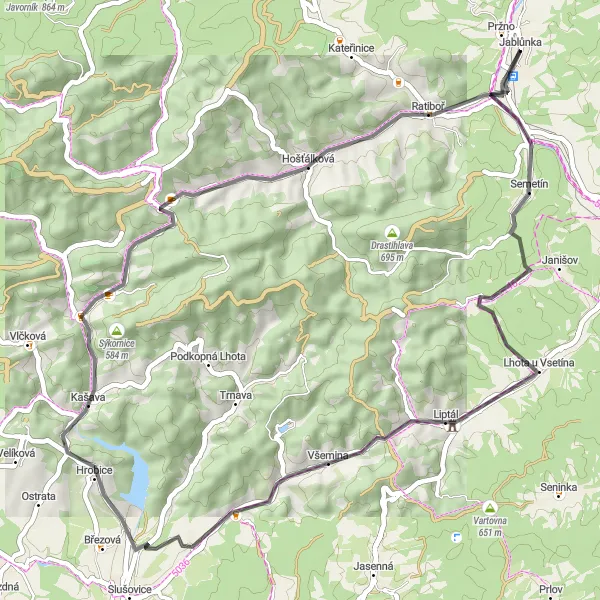 Miniaturní mapa "Pestrá cyklistická trasa plná změn krajiny" inspirace pro cyklisty v oblasti Střední Morava, Czech Republic. Vytvořeno pomocí plánovače tras Tarmacs.app