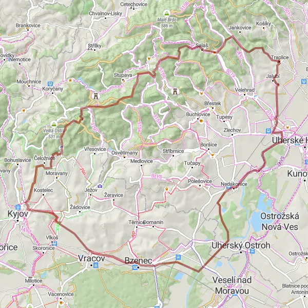 Mapa miniatúra "Gravel Kostelany nad Moravou - Salaš" cyklistická inšpirácia v Střední Morava, Czech Republic. Vygenerované cyklistickým plánovačom trás Tarmacs.app