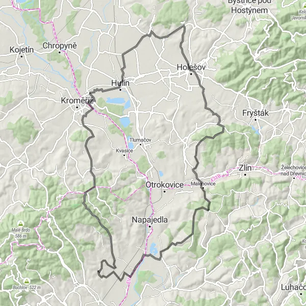 Karten-Miniaturansicht der Radinspiration "Kudlovice und Huštěnovice Rundstrecke" in Střední Morava, Czech Republic. Erstellt vom Tarmacs.app-Routenplaner für Radtouren