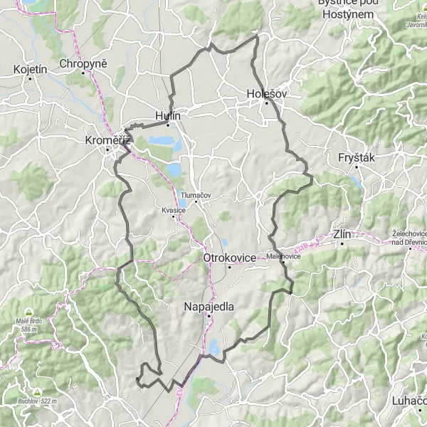 Mapa miniatúra "Cyklotrasa cez Kudlovice až do Huštěnovic" cyklistická inšpirácia v Střední Morava, Czech Republic. Vygenerované cyklistickým plánovačom trás Tarmacs.app