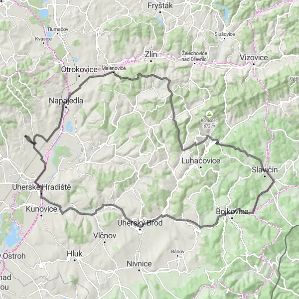 Miniaturní mapa "Cyklováním Moravskými vinohrady" inspirace pro cyklisty v oblasti Střední Morava, Czech Republic. Vytvořeno pomocí plánovače tras Tarmacs.app