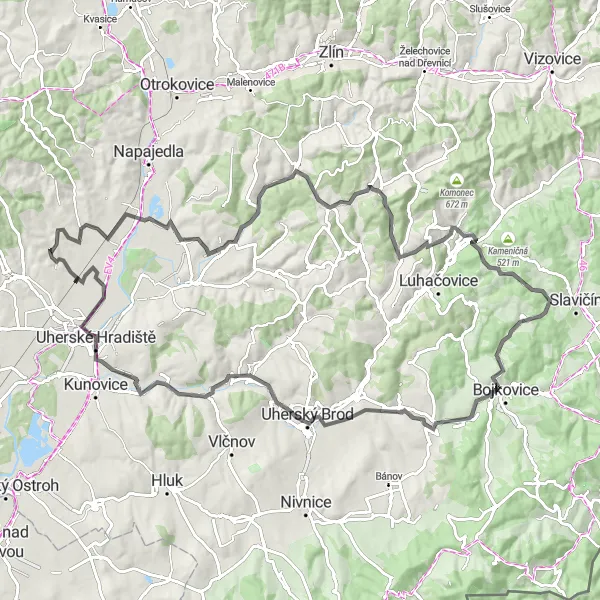 Miniaturní mapa "Okruh s výhledy na Střední Moravu" inspirace pro cyklisty v oblasti Střední Morava, Czech Republic. Vytvořeno pomocí plánovače tras Tarmacs.app