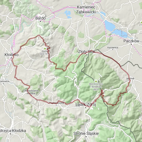 Map miniature of "Javorník - Tančírna - Čertovy kazatelny - Maselnica - Radochów - Krzyżna Góra - Sarniak - Bílá Voda" cycling inspiration in Střední Morava, Czech Republic. Generated by Tarmacs.app cycling route planner