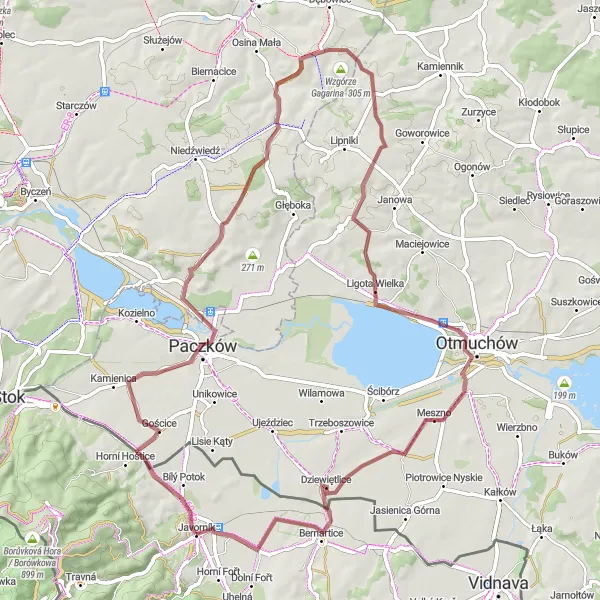 Mapa miniatúra "Gościce - Wieża ratuszowa - Wzgórze Gagarina - Lasowice - Dziewiętlice - Jánský vrch" cyklistická inšpirácia v Střední Morava, Czech Republic. Vygenerované cyklistickým plánovačom trás Tarmacs.app