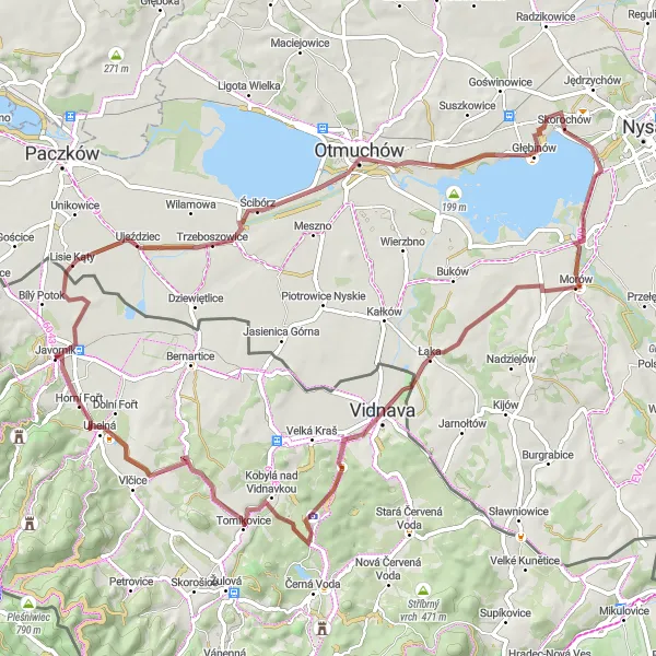 Map miniature of "Javorník - Ujeździec - Skorochów - Jodłów - Smolný vrch - Horní Fořt - Jánský vrch" cycling inspiration in Střední Morava, Czech Republic. Generated by Tarmacs.app cycling route planner