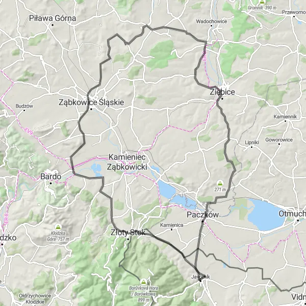 Miniaturní mapa "Okružní cyklistická trasa kolem Javorníka" inspirace pro cyklisty v oblasti Střední Morava, Czech Republic. Vytvořeno pomocí plánovače tras Tarmacs.app