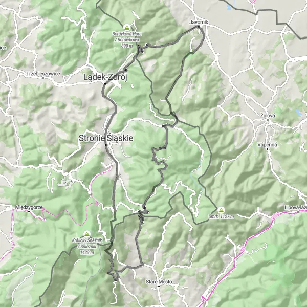 Miniaturní mapa "Road Javorník - Tančírna - Siedlica" inspirace pro cyklisty v oblasti Střední Morava, Czech Republic. Vytvořeno pomocí plánovače tras Tarmacs.app