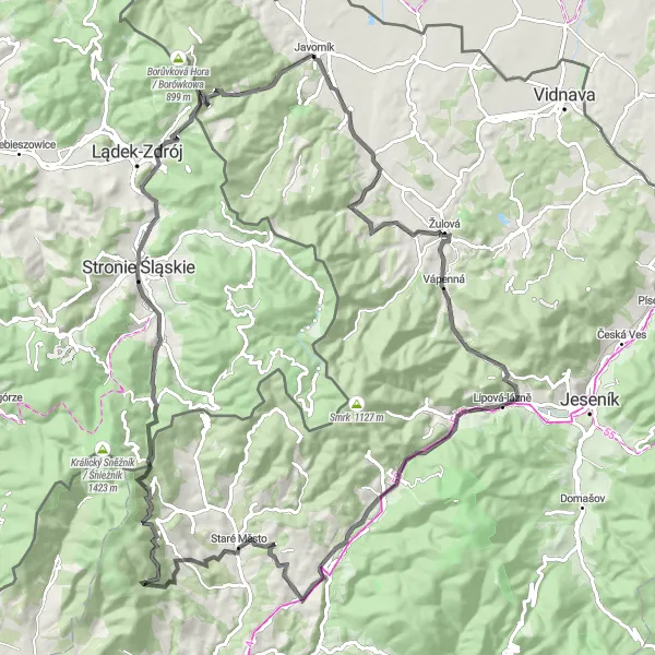 Miniatura mapy "Trasa Głównego Grzbietu Jesioników" - trasy rowerowej w Střední Morava, Czech Republic. Wygenerowane przez planer tras rowerowych Tarmacs.app