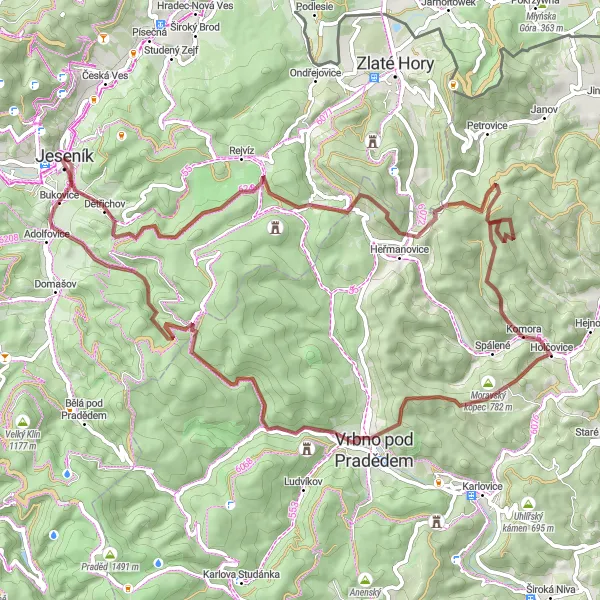 Map miniature of "Gravel adventure through Jeseník" cycling inspiration in Střední Morava, Czech Republic. Generated by Tarmacs.app cycling route planner