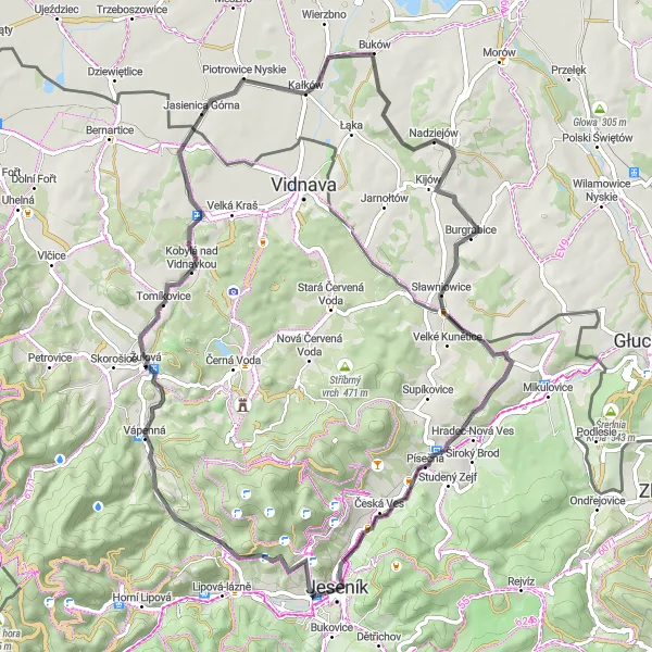 Miniaturní mapa "Výlet do Kałkowa a Písečné" inspirace pro cyklisty v oblasti Střední Morava, Czech Republic. Vytvořeno pomocí plánovače tras Tarmacs.app