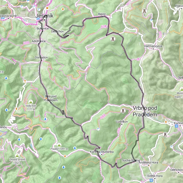 Karten-Miniaturansicht der Radinspiration "Pradědem-Radweg" in Střední Morava, Czech Republic. Erstellt vom Tarmacs.app-Routenplaner für Radtouren
