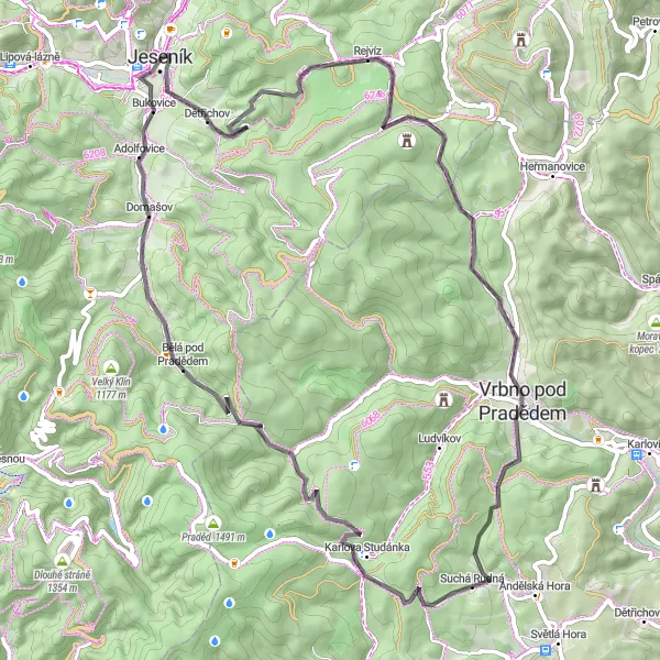 Mapa miniatúra "Jízda po okolí Jeseníku" cyklistická inšpirácia v Střední Morava, Czech Republic. Vygenerované cyklistickým plánovačom trás Tarmacs.app