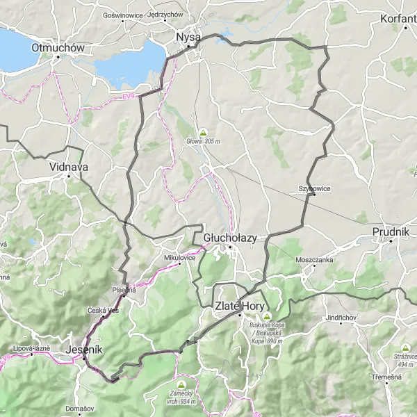 Miniaturní mapa "Cyklostezky kolem Złota Góry a Rejvízu" inspirace pro cyklisty v oblasti Střední Morava, Czech Republic. Vytvořeno pomocí plánovače tras Tarmacs.app