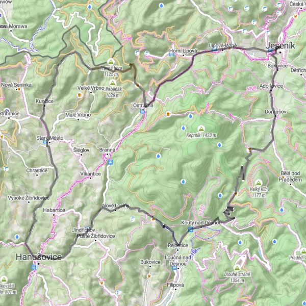 Miniaturní mapa "Červenohorskými lesy a Lipovou lázní" inspirace pro cyklisty v oblasti Střední Morava, Czech Republic. Vytvořeno pomocí plánovače tras Tarmacs.app
