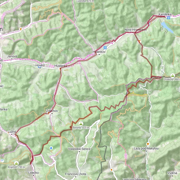 Miniaturní mapa "Cyklistická trasa Karolinka - Nový Hrozenkov" inspirace pro cyklisty v oblasti Střední Morava, Czech Republic. Vytvořeno pomocí plánovače tras Tarmacs.app