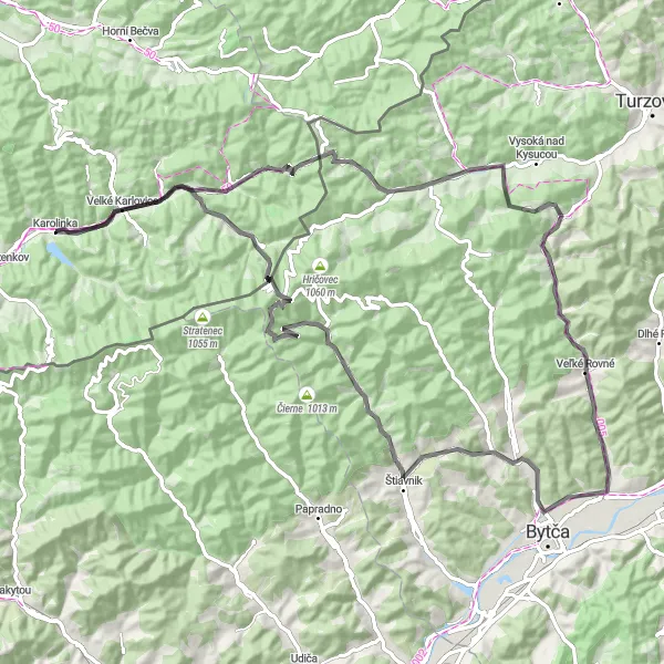 Mapa miniatúra "Pozoruhodná cyklotrasa Velké Karlovice - Pánovská Kýčera" cyklistická inšpirácia v Střední Morava, Czech Republic. Vygenerované cyklistickým plánovačom trás Tarmacs.app