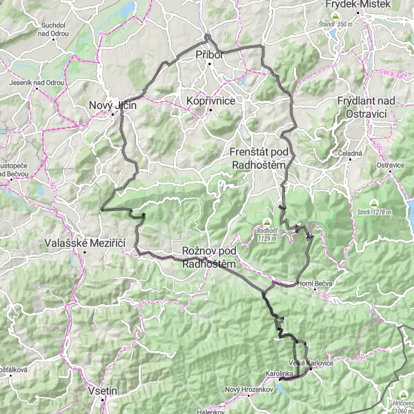 Miniaturní mapa "Cyklistická trasa Velké Karlovice - Karolinka" inspirace pro cyklisty v oblasti Střední Morava, Czech Republic. Vytvořeno pomocí plánovače tras Tarmacs.app