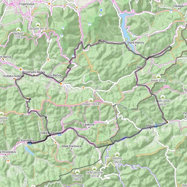 Miniaturní mapa "Road Route Velké Karlovice - Karolinka II." inspirace pro cyklisty v oblasti Střední Morava, Czech Republic. Vytvořeno pomocí plánovače tras Tarmacs.app