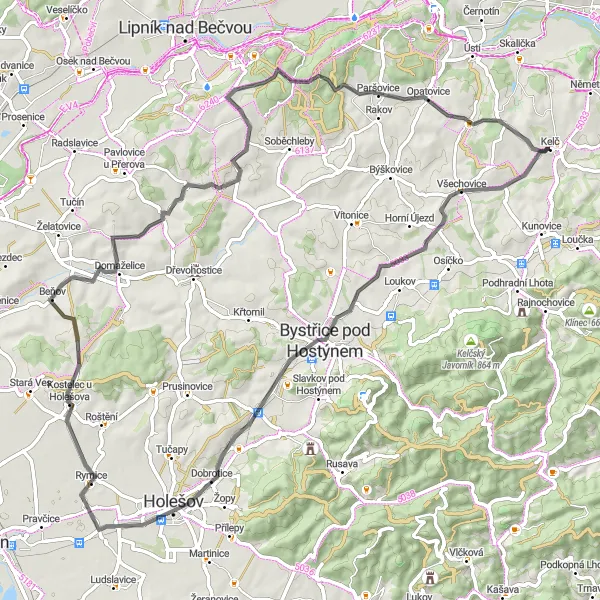 Mapa miniatúra "Okruh přes Všechovice a Kostelec u Holešova" cyklistická inšpirácia v Střední Morava, Czech Republic. Vygenerované cyklistickým plánovačom trás Tarmacs.app