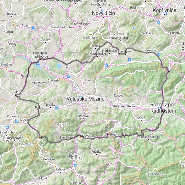 Miniaturní mapa "Výlet kolem Kelče a Rožnova" inspirace pro cyklisty v oblasti Střední Morava, Czech Republic. Vytvořeno pomocí plánovače tras Tarmacs.app