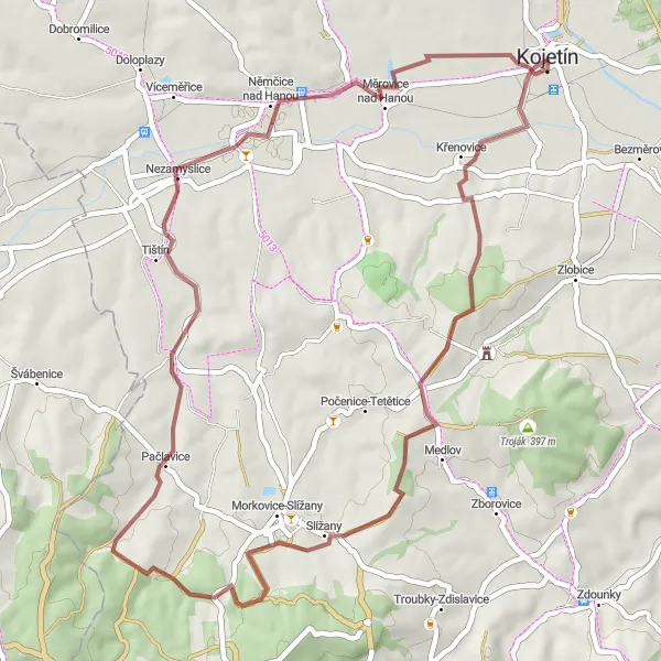 Miniaturní mapa "Gravel Tour around Kojetín" inspirace pro cyklisty v oblasti Střední Morava, Czech Republic. Vytvořeno pomocí plánovače tras Tarmacs.app