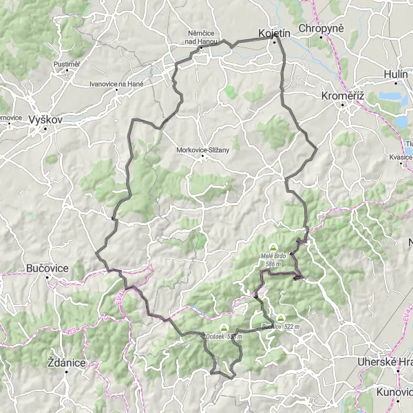 Miniaturní mapa "Ride through the Majestic Moravian Landscape" inspirace pro cyklisty v oblasti Střední Morava, Czech Republic. Vytvořeno pomocí plánovače tras Tarmacs.app