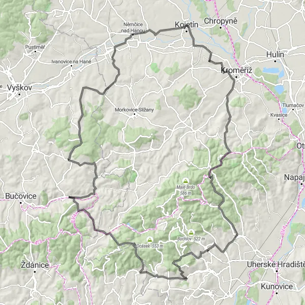 Map miniature of "Kojetín to Kostelany Loop" cycling inspiration in Střední Morava, Czech Republic. Generated by Tarmacs.app cycling route planner