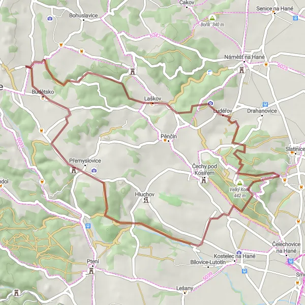 Miniaturní mapa "Gravelová trasa Velký Kosíř a okolí" inspirace pro cyklisty v oblasti Střední Morava, Czech Republic. Vytvořeno pomocí plánovače tras Tarmacs.app