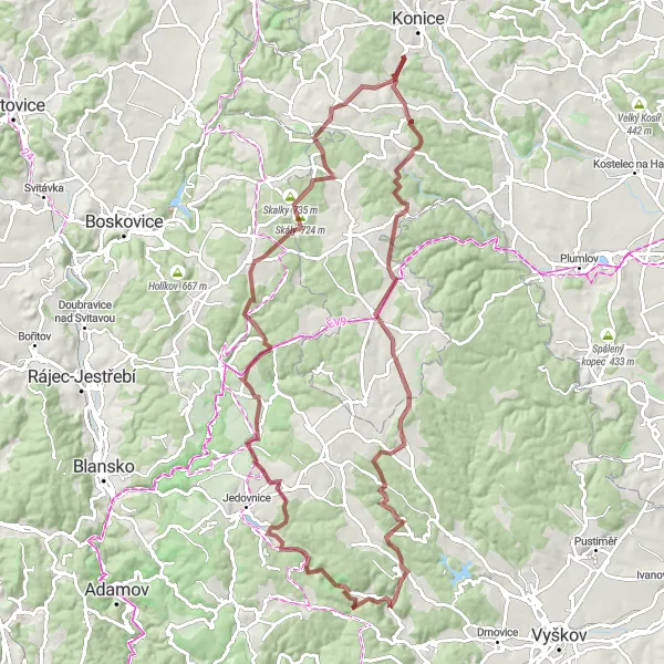 Map miniature of "The Great Střední Morava Gravel Challenge" cycling inspiration in Střední Morava, Czech Republic. Generated by Tarmacs.app cycling route planner