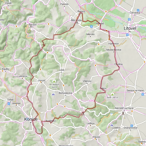 Map miniature of "Exploring Cholina and Křemenec Gravel Ride" cycling inspiration in Střední Morava, Czech Republic. Generated by Tarmacs.app cycling route planner