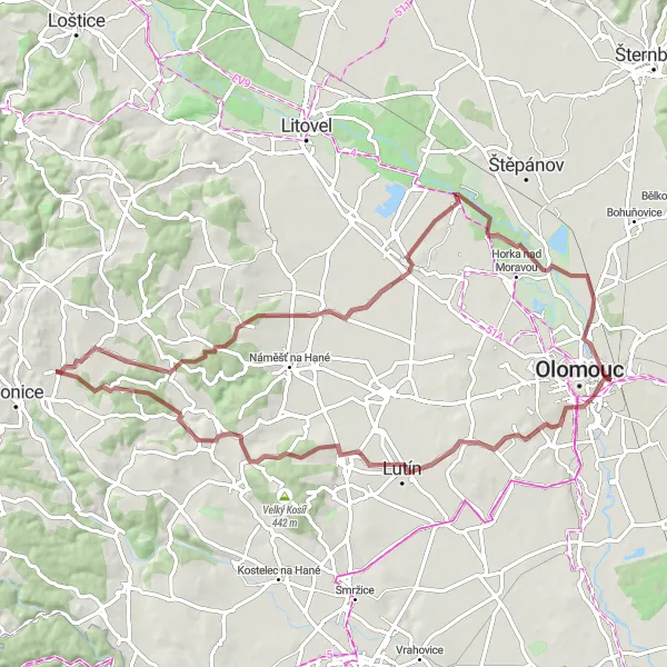 Mapa miniatúra "Gravel Senice na Hané Loop" cyklistická inšpirácia v Střední Morava, Czech Republic. Vygenerované cyklistickým plánovačom trás Tarmacs.app