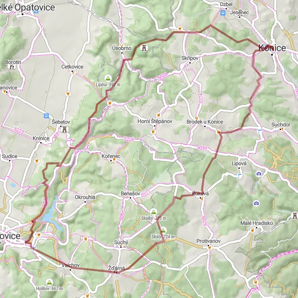 Miniaturní mapa "Kolo kolem Konice" inspirace pro cyklisty v oblasti Střední Morava, Czech Republic. Vytvořeno pomocí plánovače tras Tarmacs.app